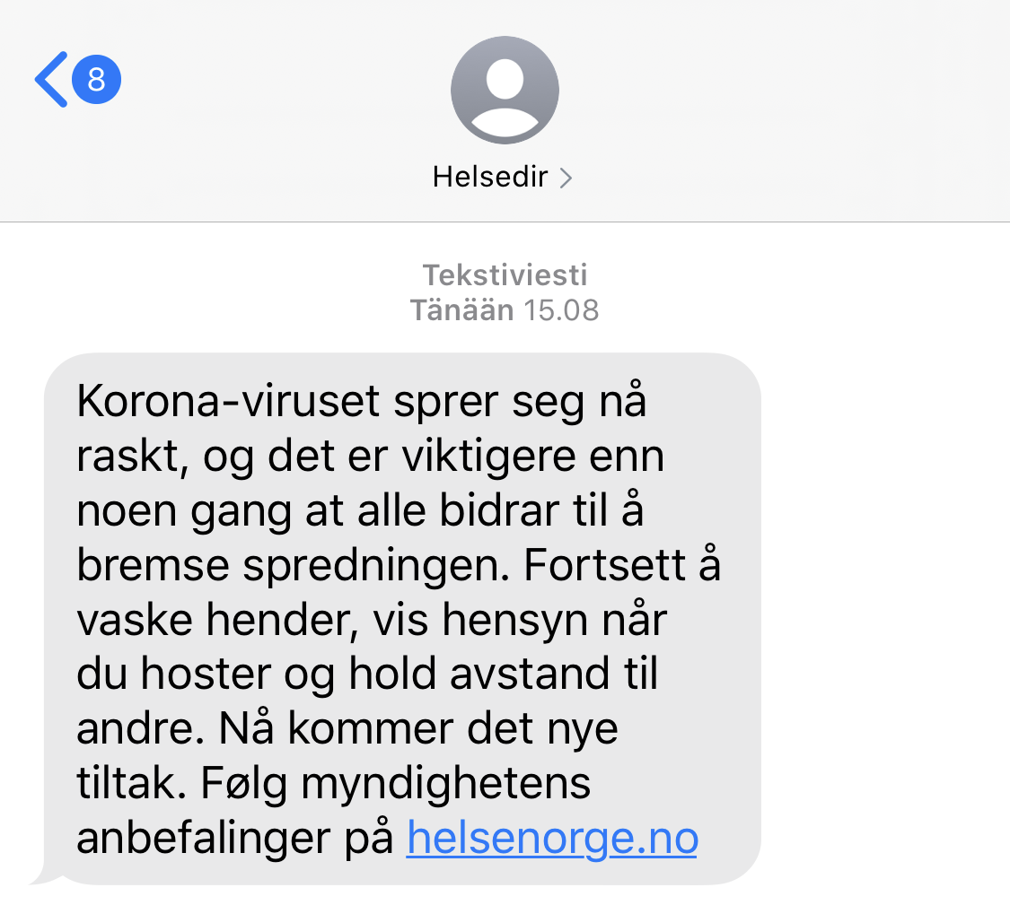 Bild av ett textmeddelande, som blev skickat av den norska hälsomyndigheten över koronavirussjukdomen.