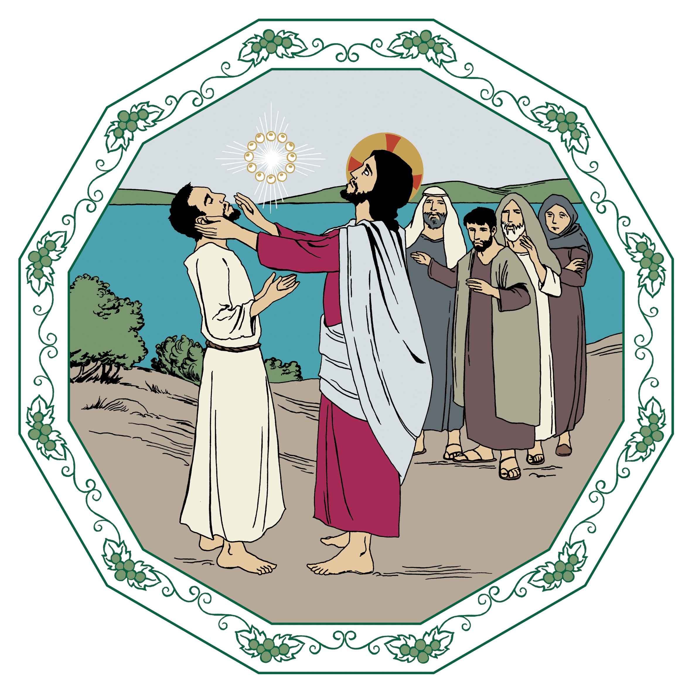 I mitten står Jesus och rör vid ansiktet till personen som står framför honom. I bakgrunden kan du se en sjö och människor som ser på botandet.