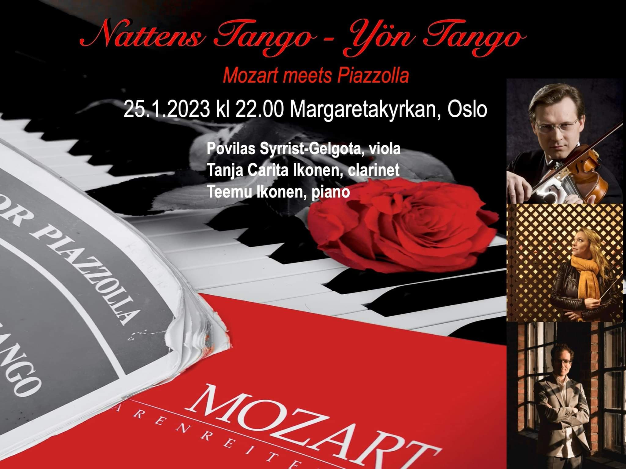 Reklambild av kammarkonserten med foton av musikerna och texten Nattens Tango – Yön Tango – Mozart meets Piazzolla.